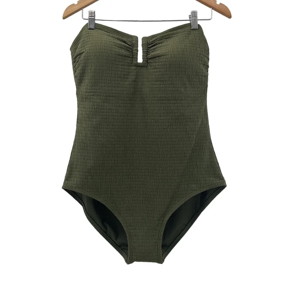 DKNY Womens Olive Green Smocked Strapless Notch One Piece Swimsuit XL NEW - Picture 2 of 13